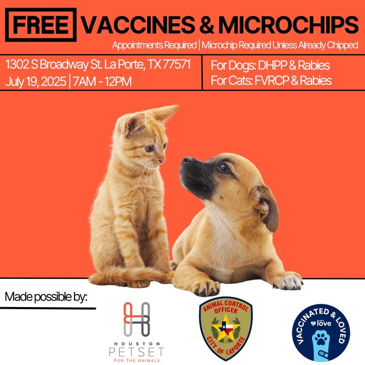 Limited spots left for free vaccinations and microchips for your pets at La Porte Animal Control. Limited spots left for free vaccinations and microchips for your pets at La Porte Animal Control.