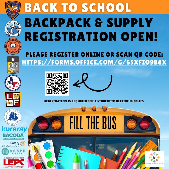 Limited-time registration is closing soon for La Porte ISD backpacks and school supplies at the Back to School Bash. Limited-time registration is closing soon for La Porte ISD backpacks and school supplies at the Back to School Bash.