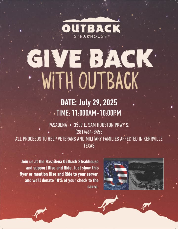 Eat at Outback Steakhouse Tuesday and your meal will contribute to veterans affected by the Kerrville flood. Eat at Outback Steakhouse Tuesday and your meal will contribute to veterans affected by the Kerrville flood.