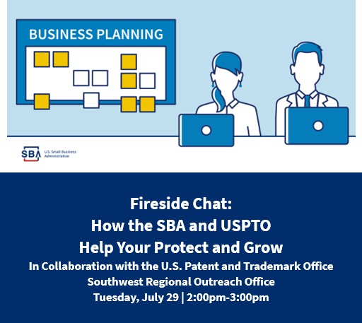 Sign up with the Small Business Administration and Patent and Trademark Office for a virtual fireside chat covering essential intellectual property insights to fuel your entrepreneurial journey. Sign up with the Small Business Administration and Patent and Trademark Office for a virtual fireside chat covering essential intellectual property insights to fuel your entrepreneurial journey.