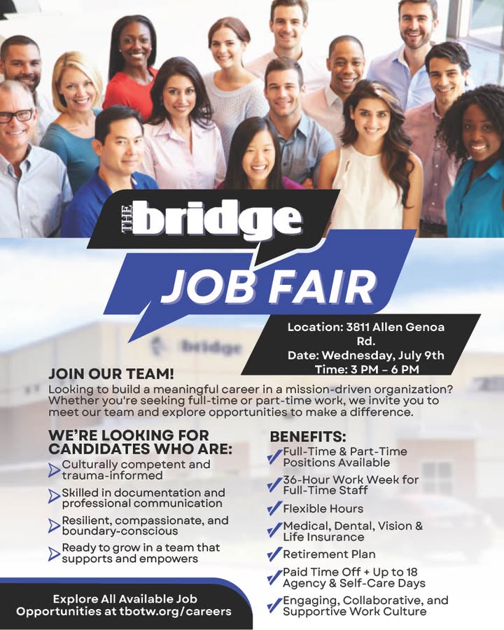 Tomorrow could be career changing for you at The Bridge Over Troubled Waters’ job fair from 3 to 6pm. Tomorrow could be career changing for you at The Bridge Over Troubled Waters’ job fair from 3 to 6pm.