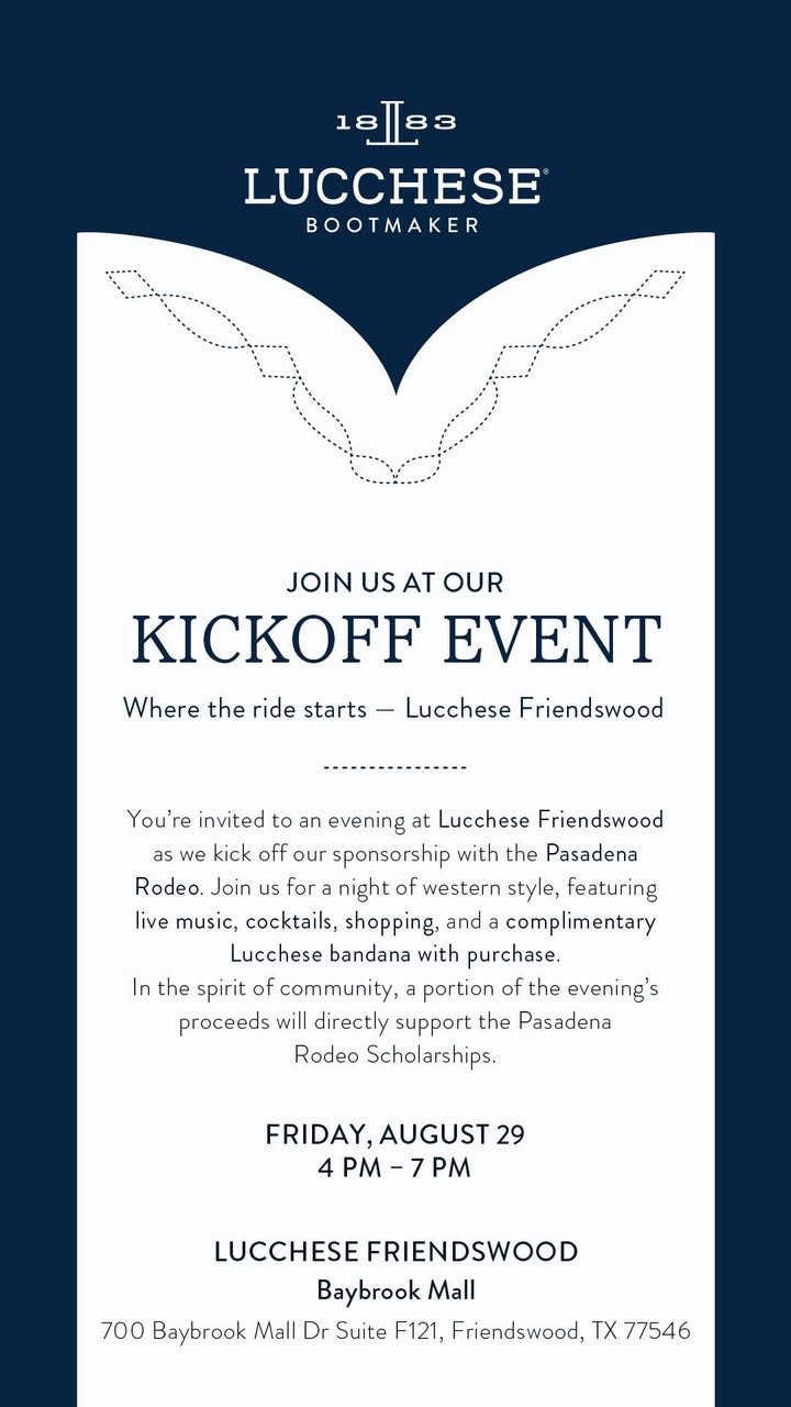 Show up at Lucchese Friendswood Friday 4 to 7pm for an evening of live music, cocktails, and shopping with PLS&R. Show up at Lucchese Friendswood Friday 4 to 7pm for an evening of live music, cocktails, and shopping with PLS&R.