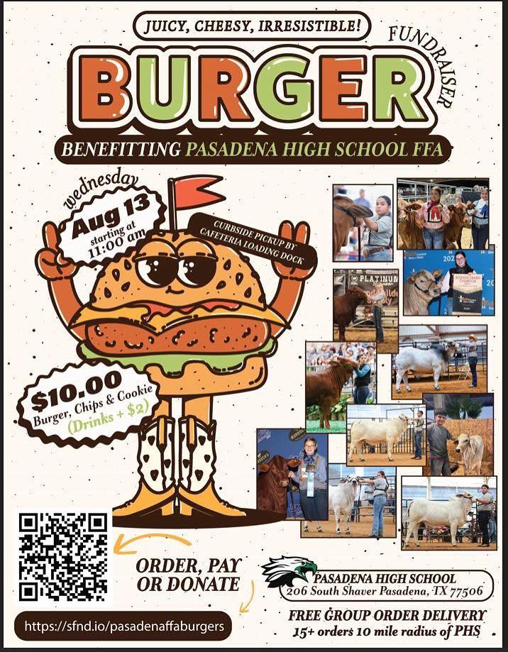 Join Pasadena High’s FFA for a burger lunch fundraiser, where every bite supports aspiring agricultural leaders and their future endeavors. Join Pasadena High’s FFA for a burger lunch fundraiser, where every bite supports aspiring agricultural leaders and their future endeavors.