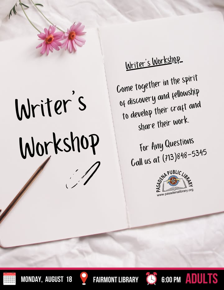 Writers, unleash your creativity at Fairmont Library’s Writer’s Workshop and let your inspiration flow every third Thursday. Writers, unleash your creativity at Fairmont Library’s Writer’s Workshop and let your inspiration flow every third Thursday.