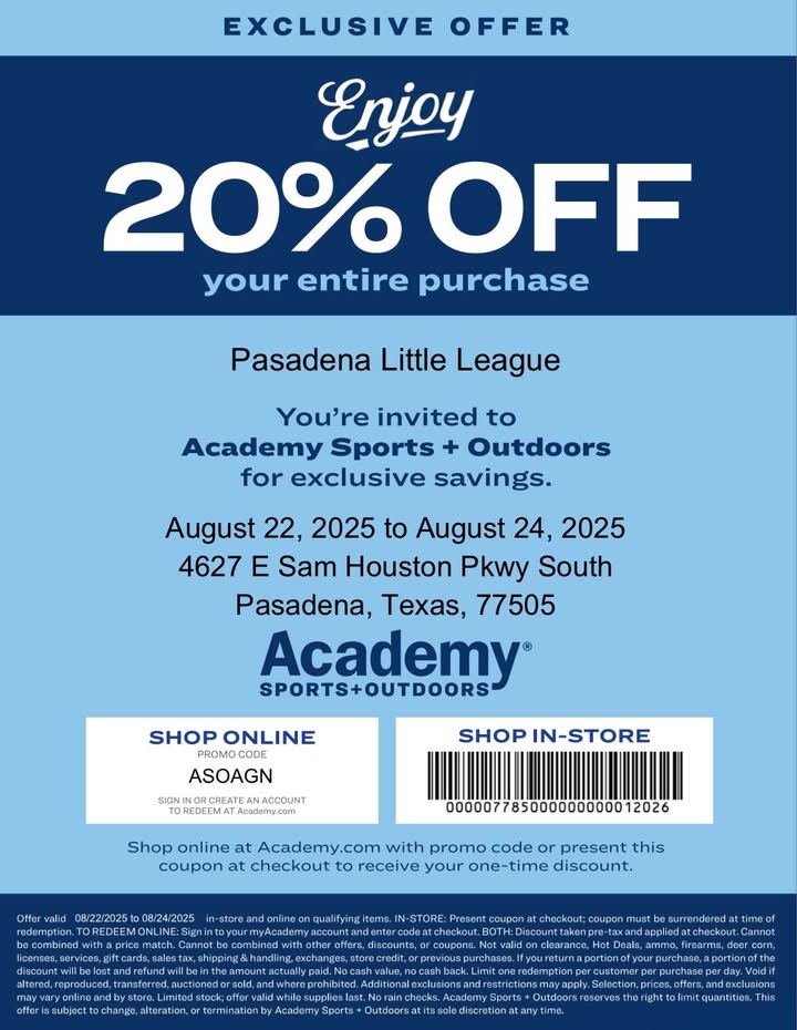 Little League get 20% off everything at Academy from August 22nd to 24th. Little League get 20% off everything at Academy from August 22nd to 24th.