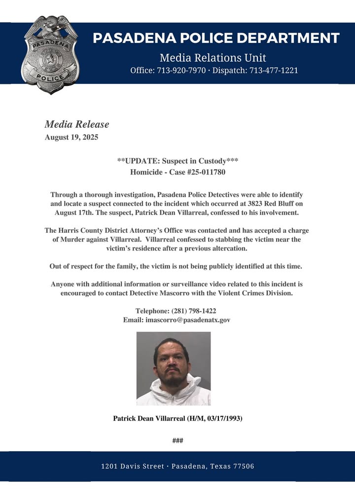 PPD Media Release: They caught Patrick Dean Villarreal who murdered the guy off Red Bluff the other day.