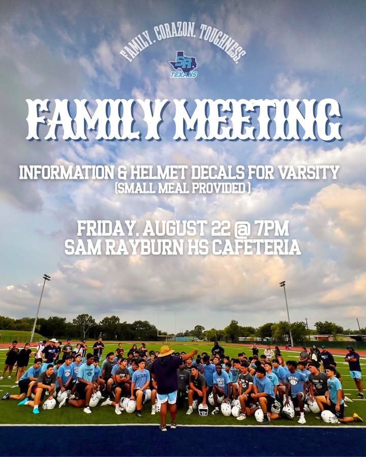 Rayburn football parents don’t miss tonight’s mandatory 7pm Family Meeting in the cafeteria. Rayburn football parents don’t miss tonight’s mandatory 7pm Family Meeting in the cafeteria.