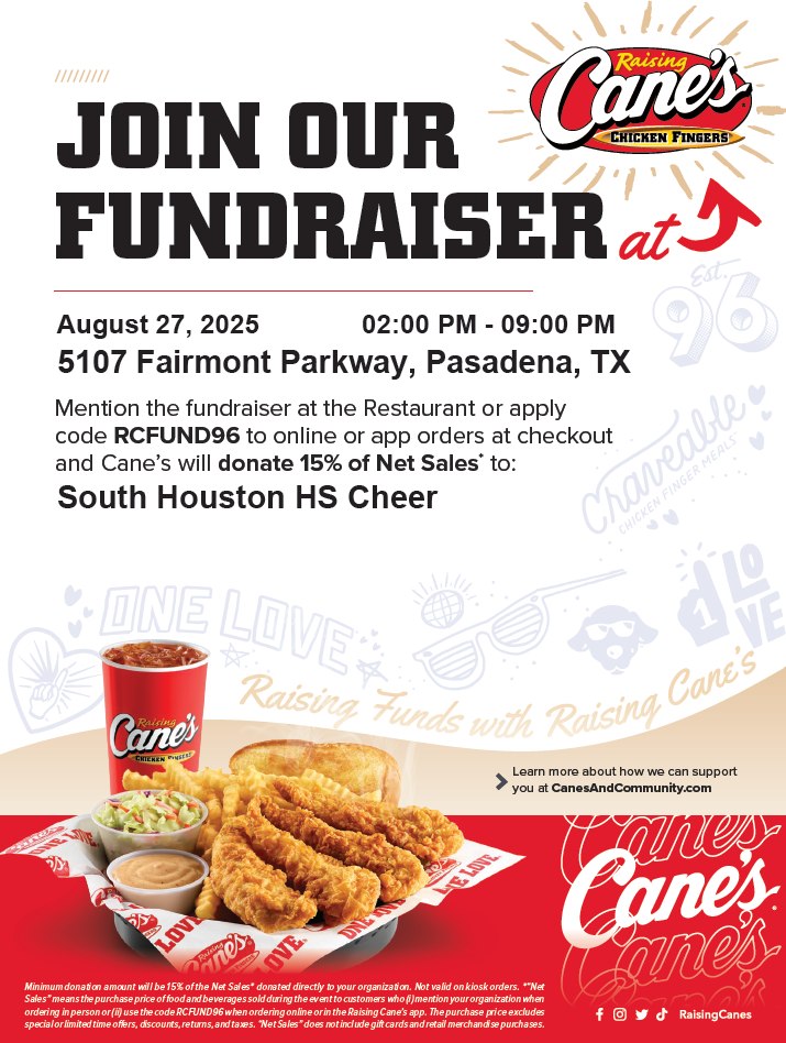 Support Houston High Cheer by eating at Cane’s tomorrow from 2-9pm.