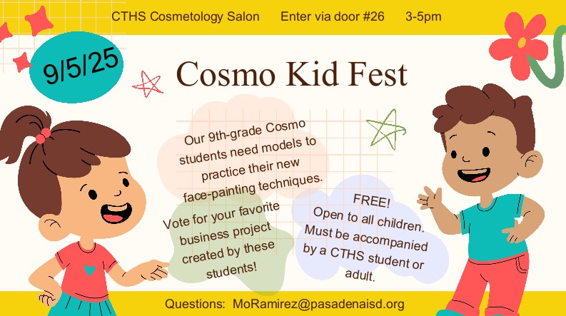 Your kid is invited for a day of creativity and fun at the CTHS Cosmetology’s Cosmo Kid Fest September 5th.