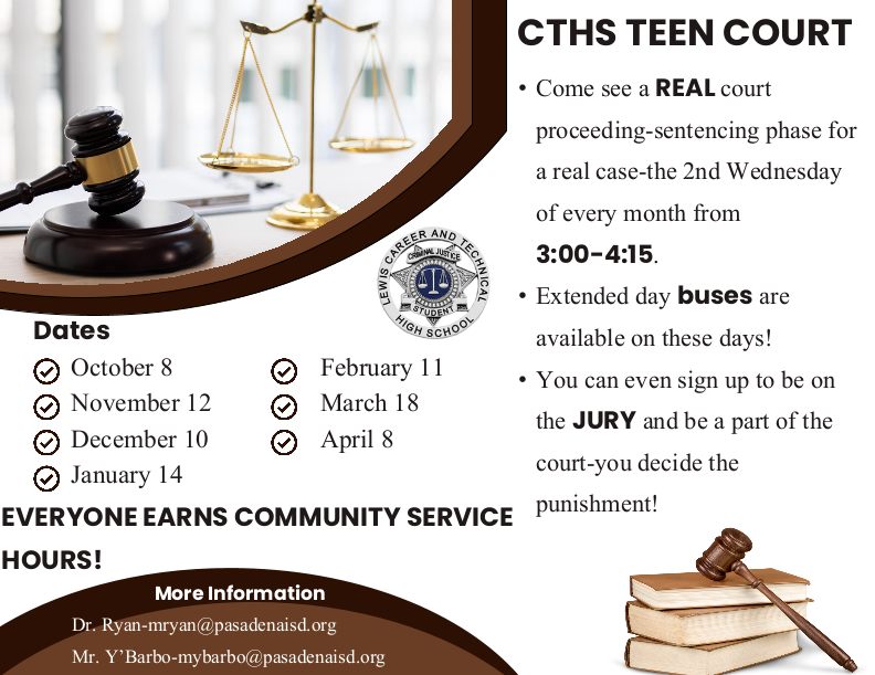 CTHS students, join the Criminal Justice department to become a teen juror in the exciting Real Teen Court. CTHS students, join the Criminal Justice department to become a teen juror in the exciting Real Teen Court.