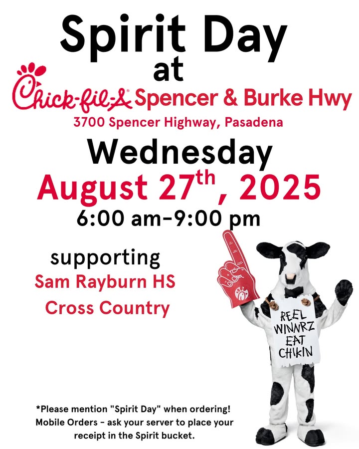 Join Rayburn’s Cross Country program at Chick-fil-A tomorrow from 6am to 9pm, to feast and fuel their Cross Country team’s journey. Join Rayburn’s Cross Country program at Chick-fil-A tomorrow from 6am to 9pm, to feast and fuel their Cross Country team’s journey.