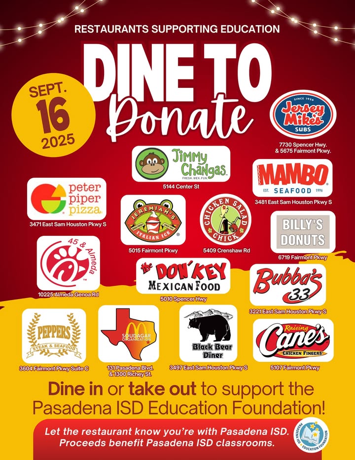 Join the fun on September 16th by dining to donate at local restaurants and make a tasty impact for PISD students. Join the fun on September 16th by dining to donate at local restaurants and make a tasty impact for PISD students.