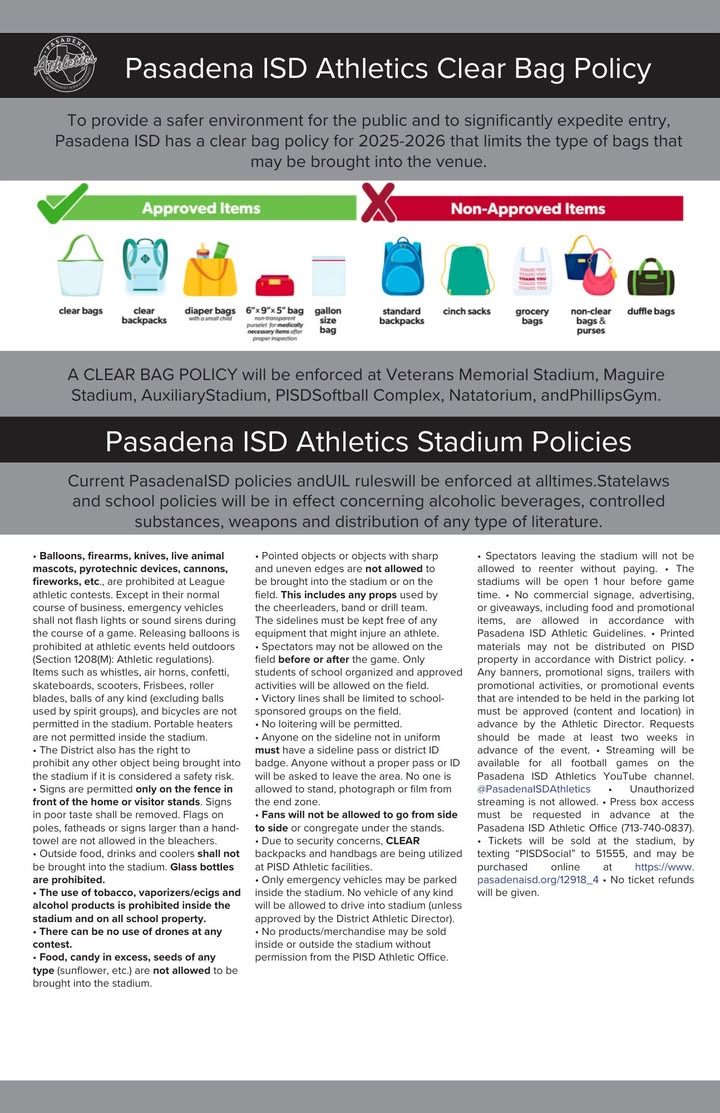 PISD: As football season kicks off, remember to bring your clear bags to ensure a safe and fun atmosphere for everyone at the games. PISD: As football season kicks off, remember to bring your clear bags to ensure a safe and fun atmosphere for everyone at the games.