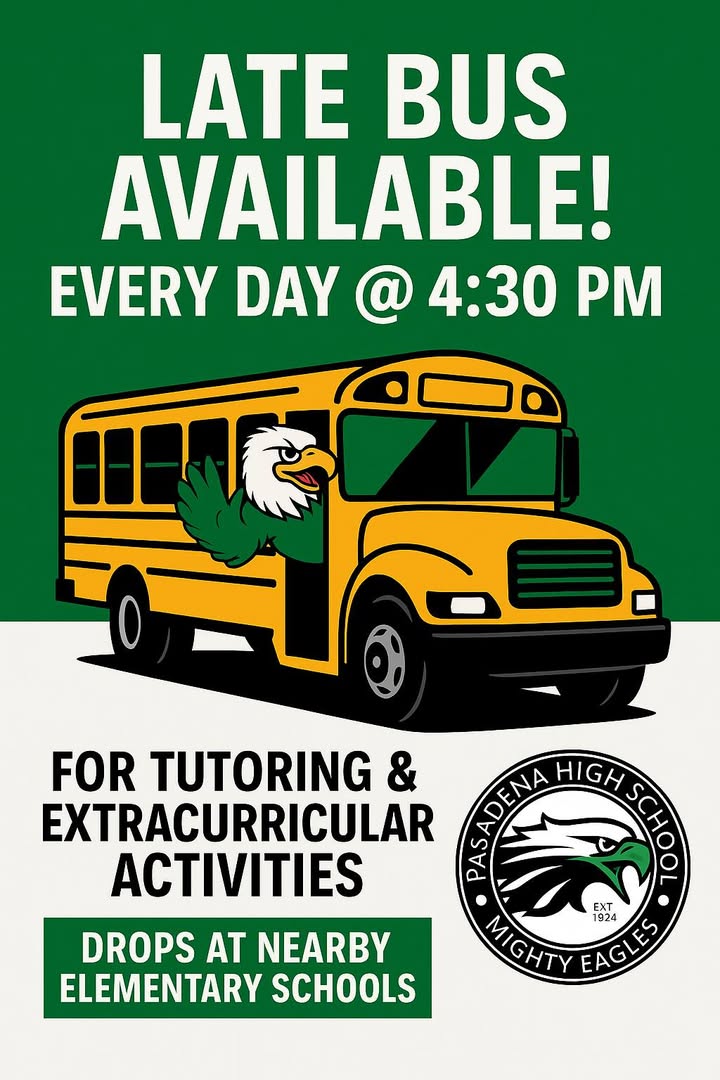 Pasadena High School’s late bus at 4:30pm is your ticket to a hassle-free ride home after engaging in fun after-school activities. Pasadena High School’s late bus at 4:30pm is your ticket to a hassle-free ride home after engaging in fun after-school activities.