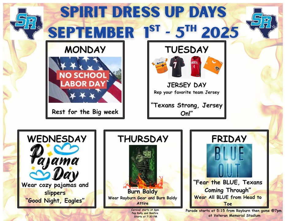 Join Rayburn this week for spirit days and fun at the Burn Baldy pep rally and cheer on the Texans as they battle the Eagles. Join Rayburn this week for spirit days and fun at the Burn Baldy pep rally and cheer on the Texans as they battle the Eagles.