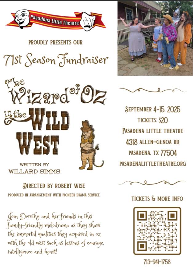 Rally together to make The Wizard of Oz in the Wild West a roaring success only at Pasadena Little Theater starting in September. Rally together to make The Wizard of Oz in the Wild West a roaring success only at Pasadena Little Theater starting in September.
