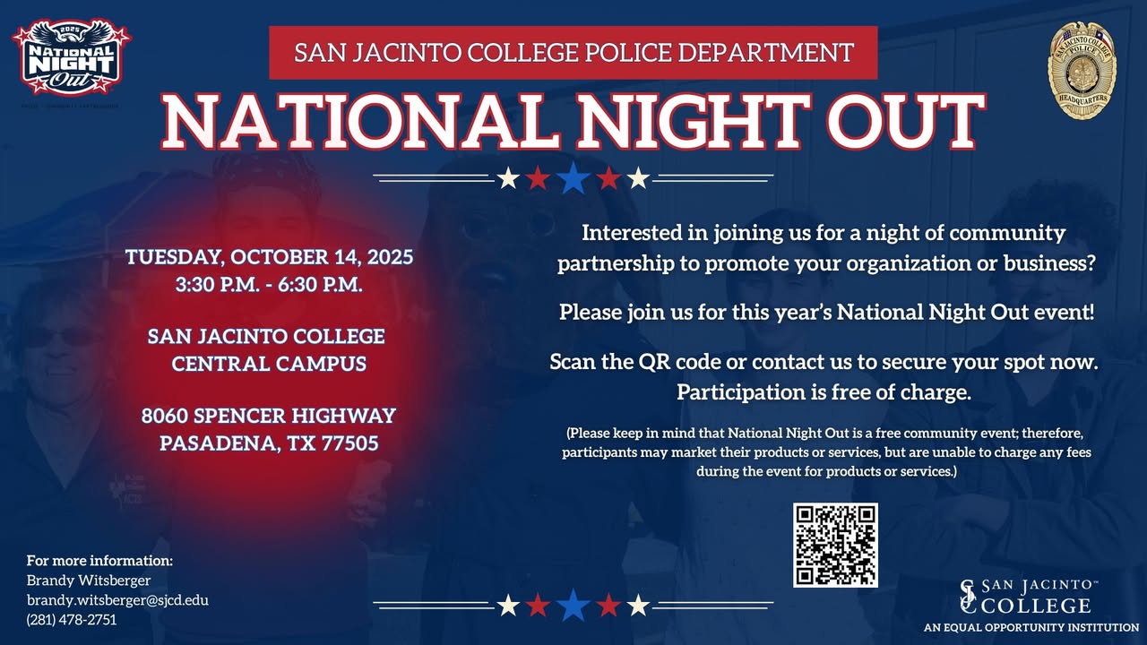 Party up for National Night Out at San Jacinto College. Register now for a fun-filled evening of food, games, and community bonding.