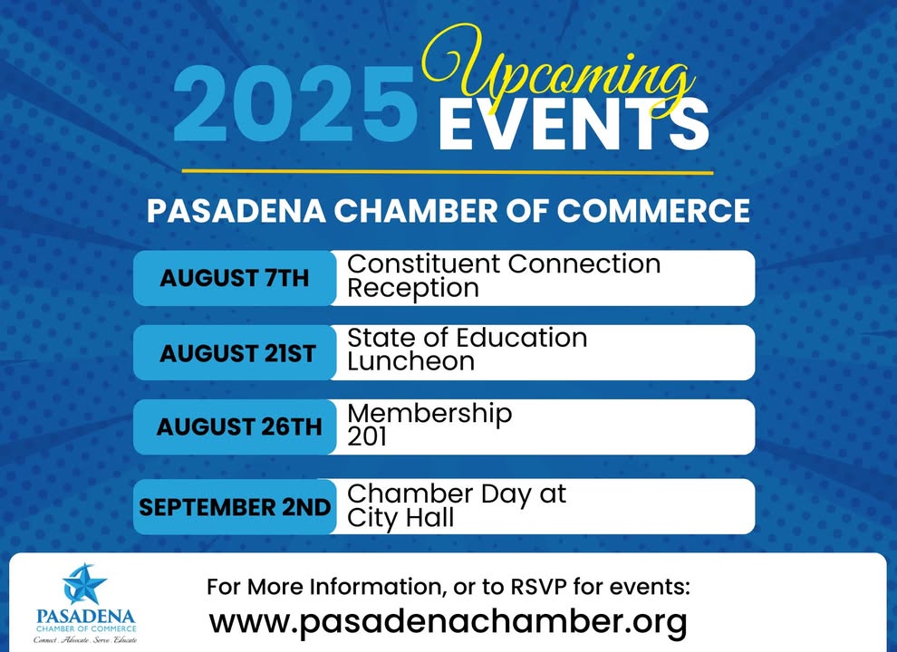 Get ready for an exciting month of events with the Pasadena Chamber of Commerce, where learning and networking come together for everyone. Get ready for an exciting month of events with the Pasadena Chamber of Commerce, where learning and networking come together for everyone.