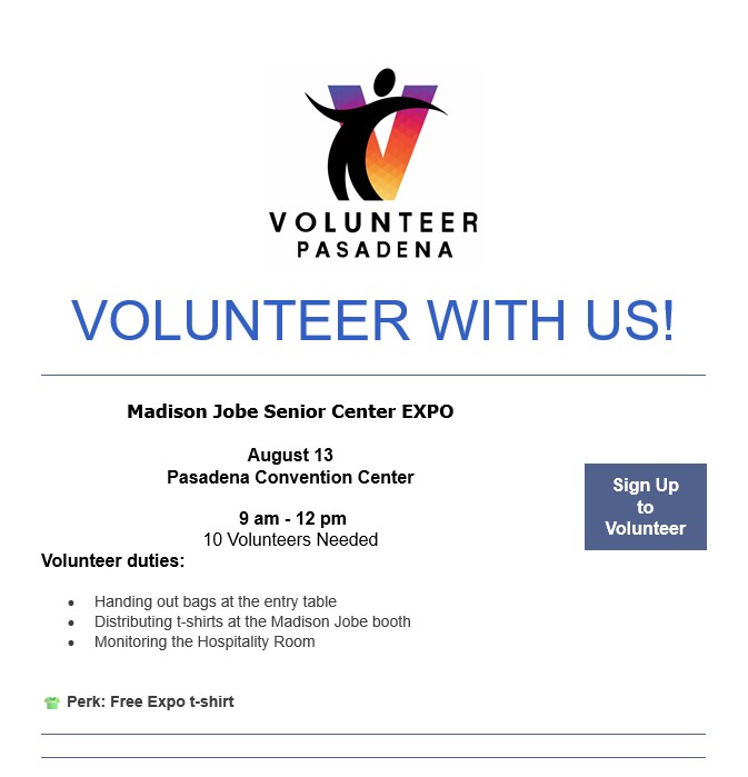 Join us for Volunteer Pasadena far an event for three hours of volunteering and snag a free T-shirt while making a difference. Join us for Volunteer Pasadena far an event for three hours of volunteering and snag a free T-shirt while making a difference.