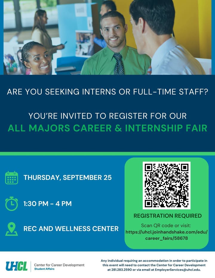 Get your company in on UHCL’s Fall 2025 Career & Internship Fair to connect with bright students eager to shape tomorrow’s workforce.