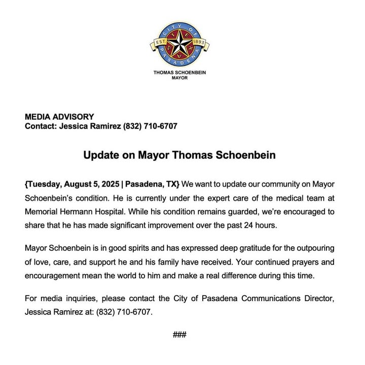 Mayor Thomas Schoenbein is showing significant improvement and gratitude for the community’s support as he recovers at Memorial Hermann Hospital. Mayor Thomas Schoenbein is showing significant improvement and gratitude for the community’s support as he recovers at Memorial Hermann Hospital.