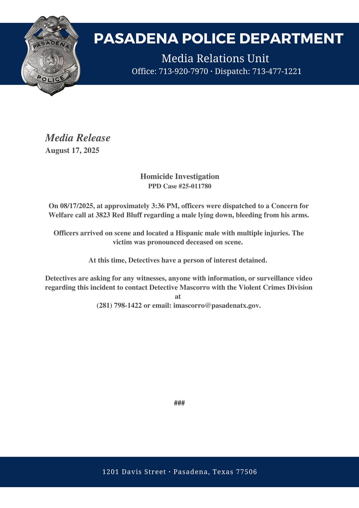 PPD Media Release: Man found deceased off Red Bluff. Help if you have any information.