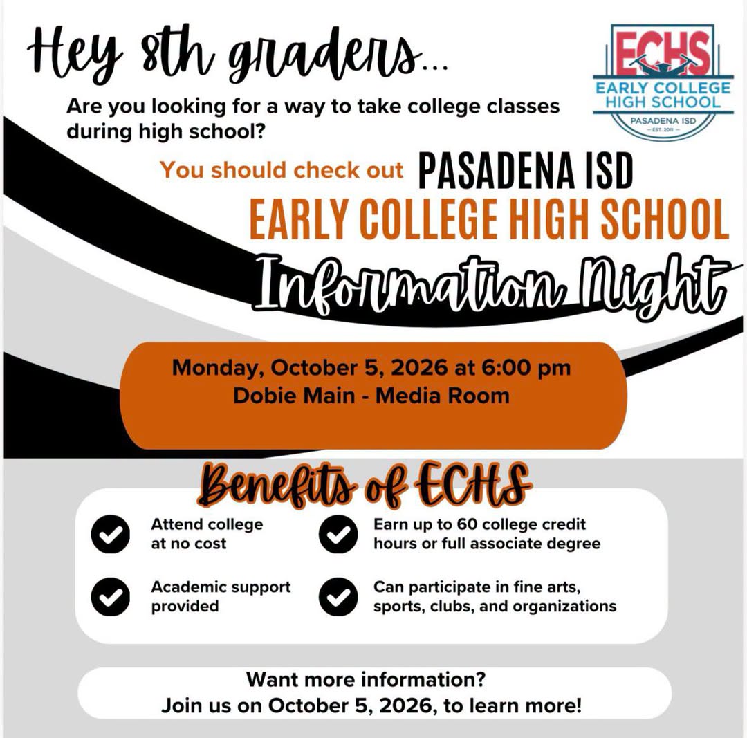 Discover Early College benefits at Dobie’s meeting for current 8th graders. Discover Early College benefits at Dobie’s meeting for current 8th graders.