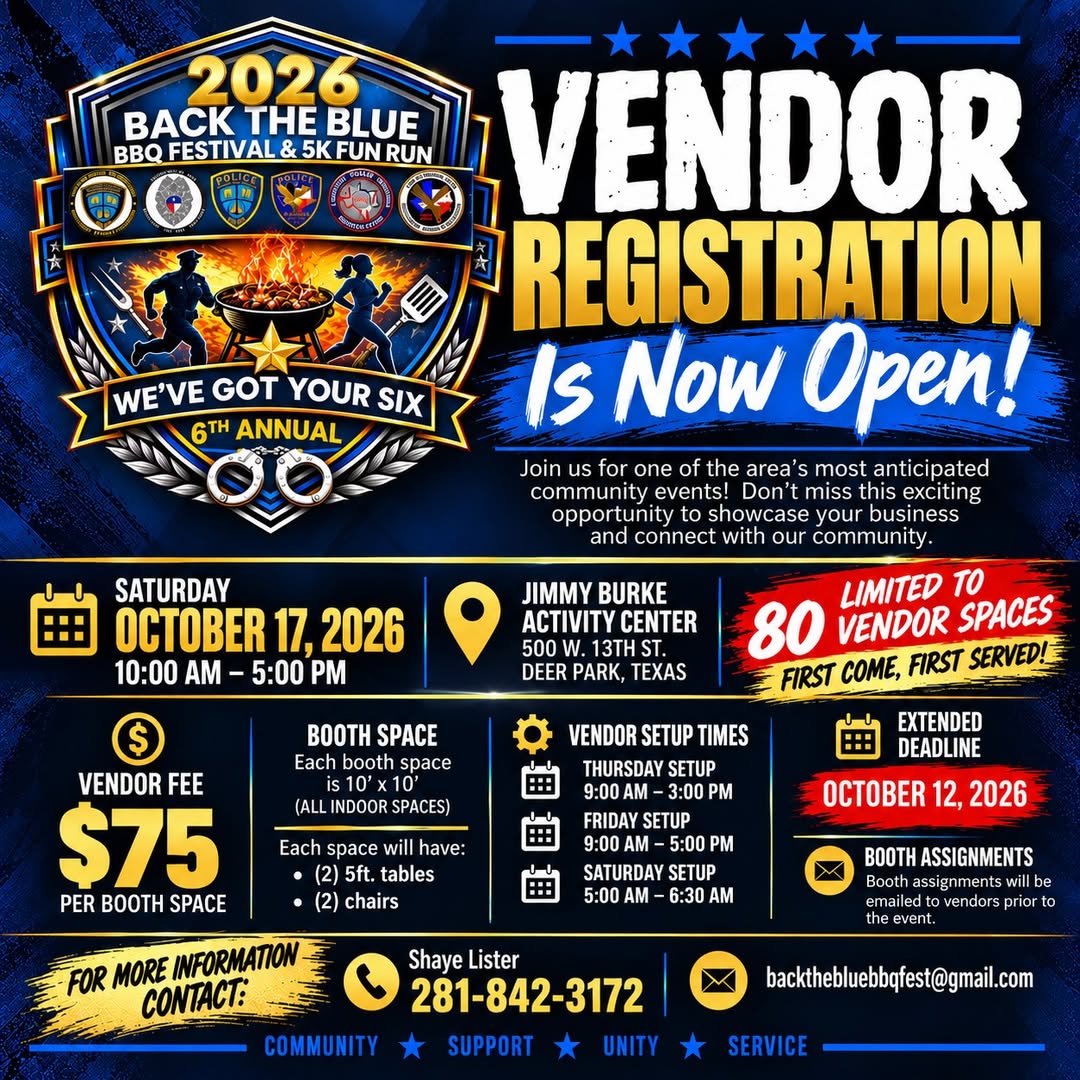 Secure your vendor space at the Back the Blue BBQ Festival by October 12. Secure your vendor space at the Back the Blue BBQ Festival by October 12.