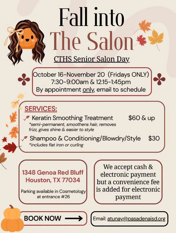 Good news hairdo people, CTHS offers salon days with senior students from October 16th to November 20th. Good news hairdo people, CTHS offers salon days with senior students from October 16th to November 20th.